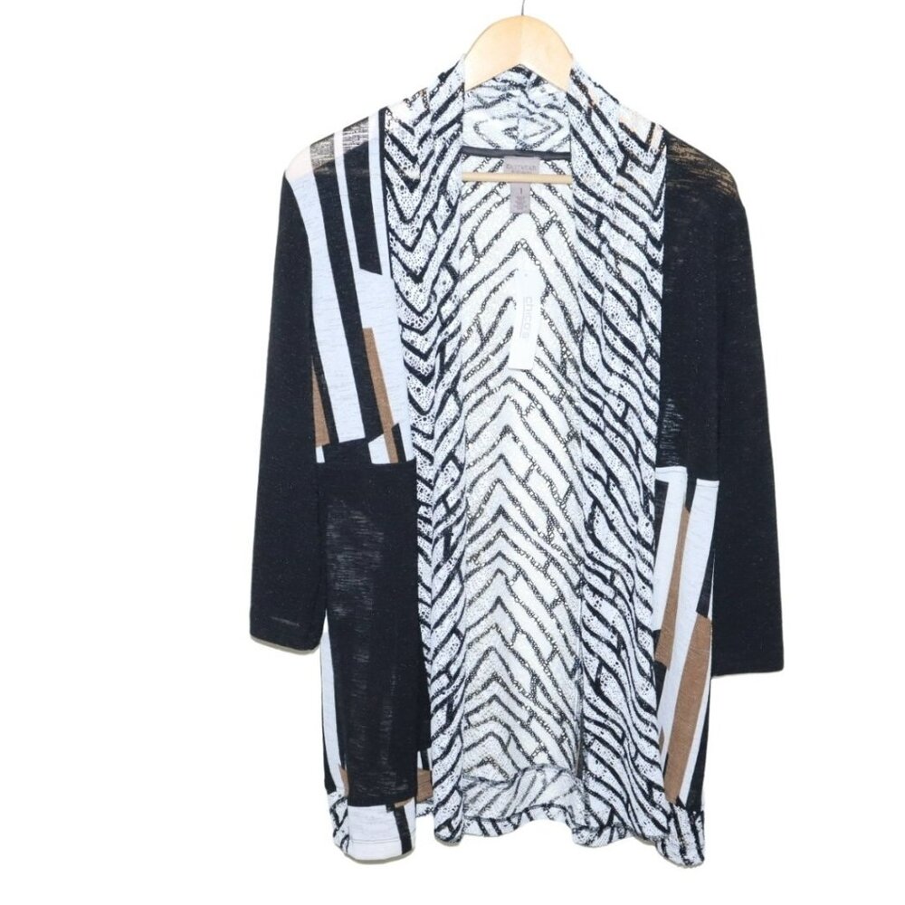Chicos EasyWear Open Cardigan Womens Size 1 Black White Abstract Tribal Print